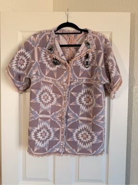 Vintage Fringed Western Aztec Knit Tapestry Cardigan Jacket Soft Lavender/Blush